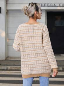 SHEIN Privé Hoa văn kẻ sọc Thả vai Áo len Mở - Màu Khaki - Xem 3