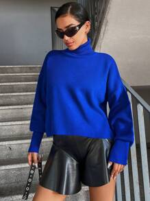 EURMUSE 高領落肩袖套頭毛衣 - 藍色 - 查看 3