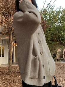 女士纯色口袋休闲宽松针织开衫，秋冬 - 杏色 - 查看 4