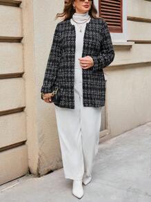 SHEIN Privé 大碼格紋開門襟外套 - 黑色 - 查看 5