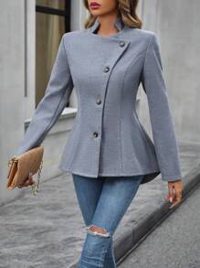 SHEIN LUNE 前紐扣高低下擺花呢外套 - 黑色 - 查看 5