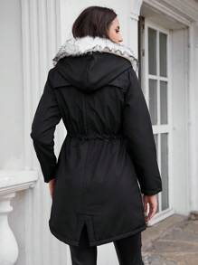 EURMUSE Drawstring Waist Fuzzy Collar Parka Coat - Black - View 2