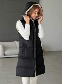 RueChic Zip Up Hooded Puffer Vest Coat - Black - View 6