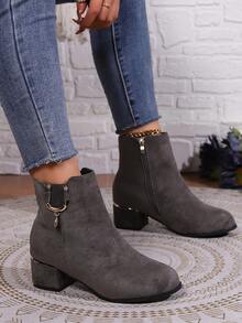 方頭麝皮短靴適合女士2023秋天和冬天,英倫風情粗和低跟踝靴短靴帶側拉鍊