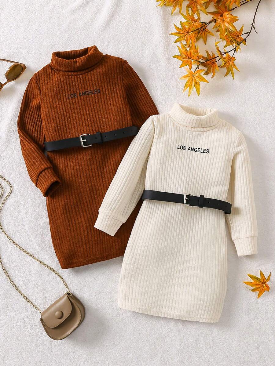 SHEIN 女小童2入組字母刺繡高領洋裝附腰帶 - 彩色 - 查看 1