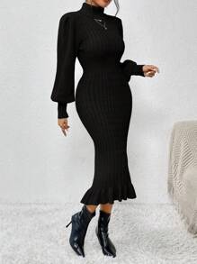 SHEIN Privé Áo cao cổ Tay áo lồng đèn Xù Hoa Sen Đầm Áo len - màu đen - Xem 5