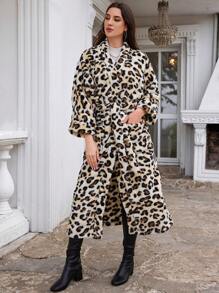 SHEIN Cottnline Leopard Print Open Front Belted Longline Coat - Beige - View 6