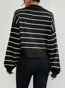 Almamuse Striped Pattern Drop Shoulder Sweater,Long Sleeve Tops Knit Pullover Fall Winter Outfit - Black and White - View 2