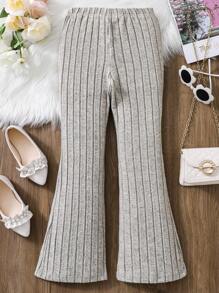 SHEIN Cô gái Tween Chi tiết Patched thư Đồ đan Ribbed Quần ống loe - Màu be - Xem 2