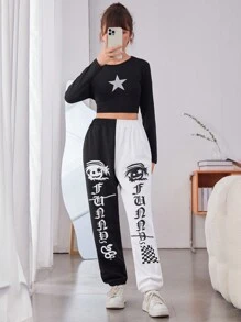 Chica adolescente Pantalones deportivos de dos tonos con estampado de letra japonesa y figura