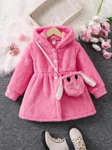 SHEIN Young Girl Hooded Teddy Dress With Bag