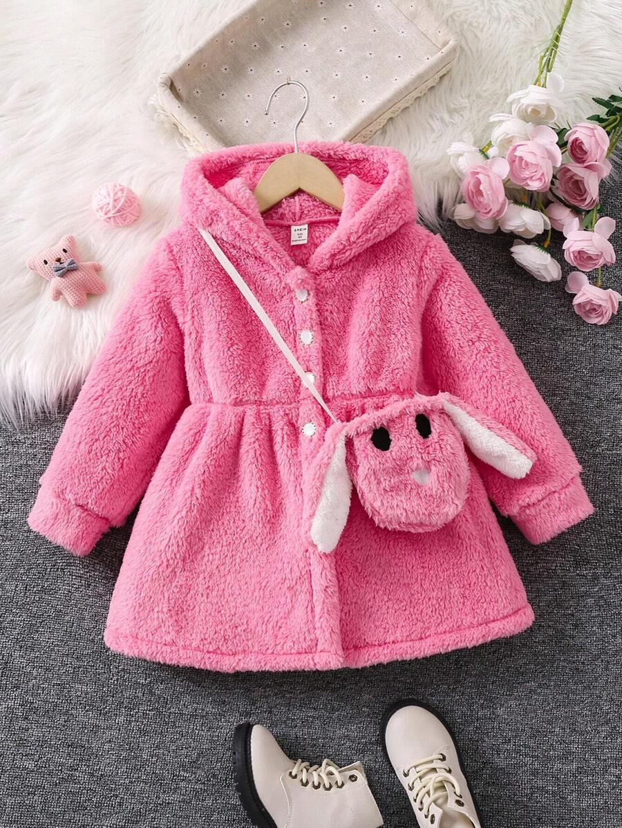 SHEIN Young Girl Hooded Teddy Dress With Bag