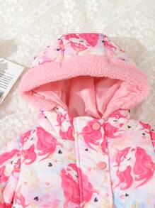 Baby Girl Unicorn Print Hooded Padded Coat - Pink - View 3