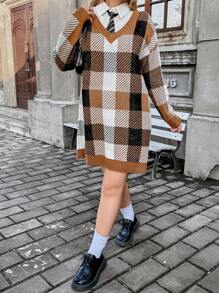 Flirla Plus Plaid Pattern Drop Shoulder Sweater Dress Without Shirt And Tie Fall Cloth For Women - Multicolor - View 5