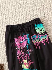 SHEIN 女小童卡通和字母圖案衛褲 - 黑色 - 查看 4