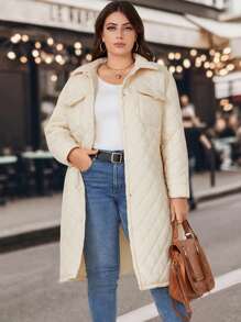 SHEIN LUNE Plus Flap Pocket Drop Shoulder Quilted Coat - Apricot - View 5