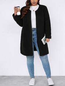 大碼素色拉鏈開襟絨毛外套 - 黑色 - 查看 4