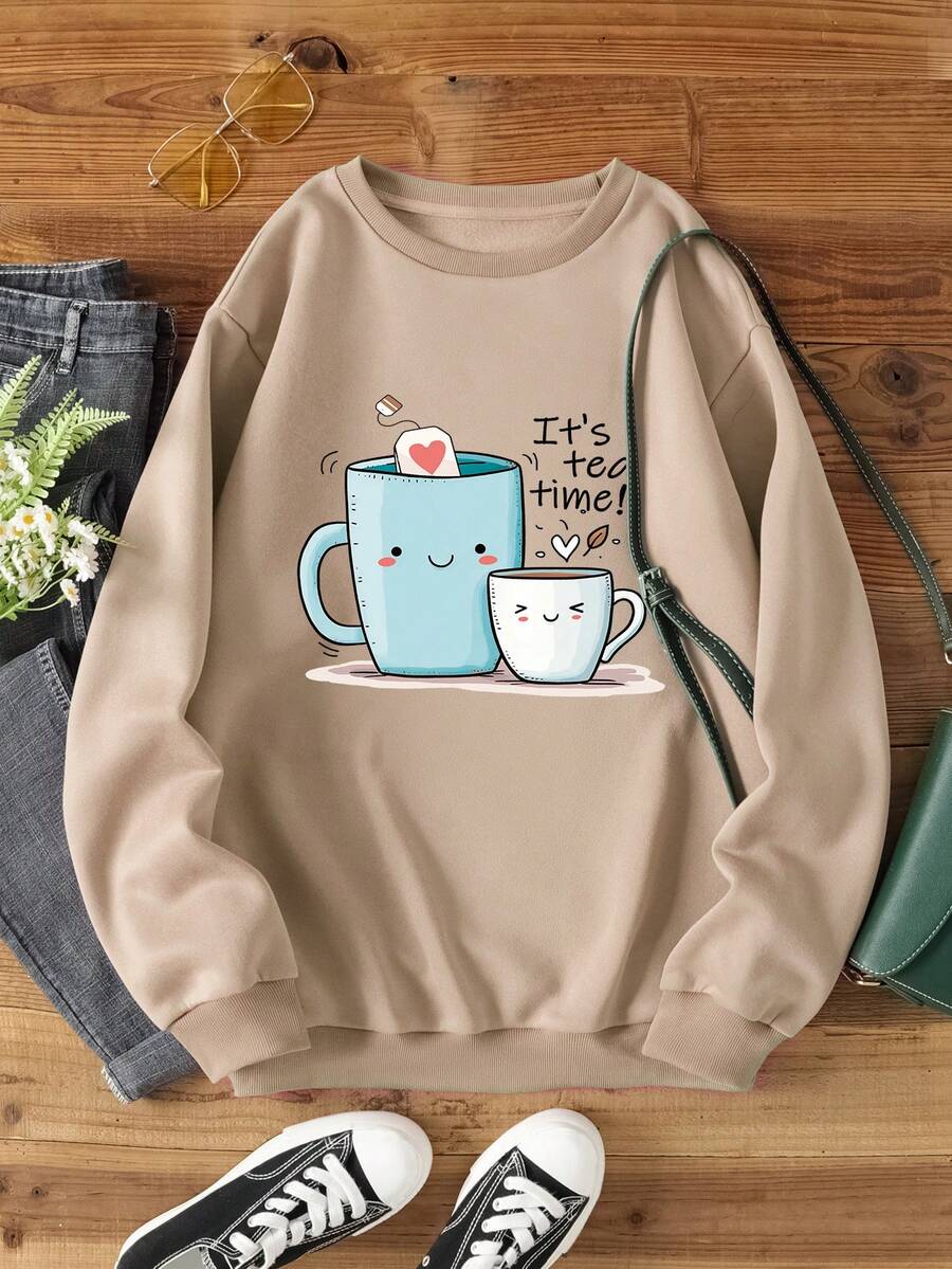 SHEIN LUNE Đồ họa Hoạt hình Lót nhiệt Áo nỉ - Màu Khaki - Xem 1