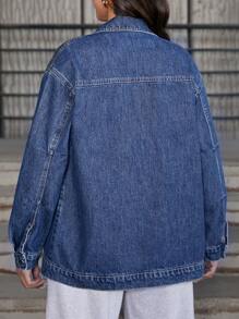 SHEIN PETITE Flap Pocket Drop Shoulder Denim Jacket - Blue - View 2