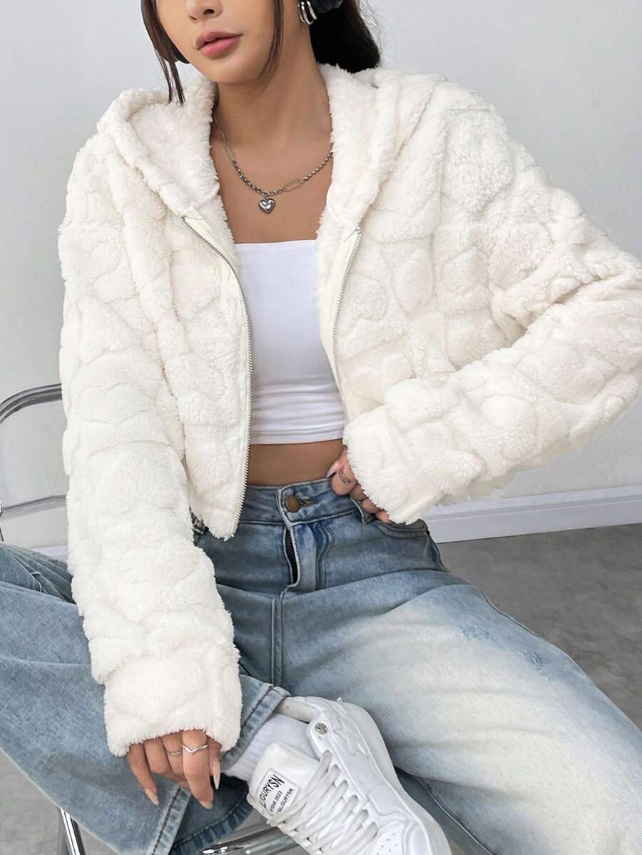 SHEIN Unity Thả vai Dây kéo áo có mũ Mùa vụ Áo Teddy Jackets - trắng - Xem 1