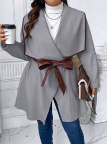 Celure Plus Waterfall Collar Contrast Binding Belted Overcoat - Grey - View 1