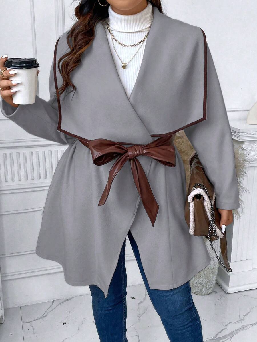 Celure Plus Waterfall Collar Contrast Binding Belted Overcoat - Grey - View 1