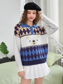 SHEIN EZwear 卡通小熊&菱形印花Polo領落肩袖套頭毛衣 - 彩色 - 查看 4