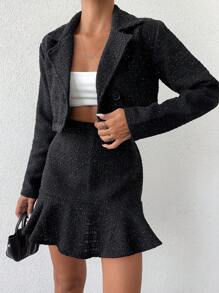 EURMUSE Lapel Neck Double Button Blazer & Ruffle Hem Skirt - Black - View 5