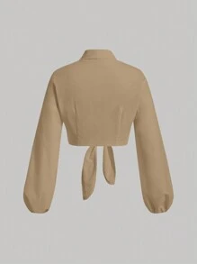 SHEIN MOD 素色前紐扣下擺打結襯衫 - 卡其色 - 查看 2