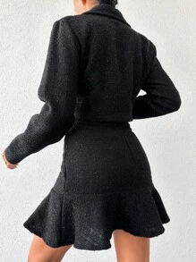 EURMUSE Lapel Neck Double Button Blazer & Ruffle Hem Skirt - Black - View 2