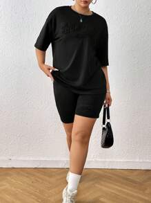 SHEIN EZwear Plus Letter Embossed Drop Shoulder Tee & Biker Shorts - Black - View 5