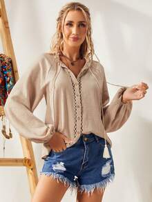 S BETRO 繫帶領燈籠袖流蘇蕾絲花邊襯衫