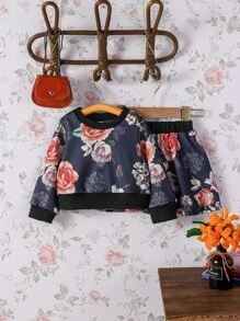 Baby Girl Floral Print Sweatshirt & Skirt - Black - View 1