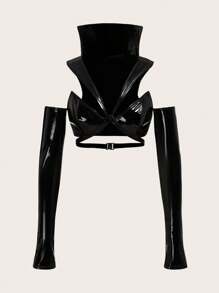 SHEIN ICON Cắt ra chất liệu da PU Top Cây trồng Có tay áo - màu đen - Xem 1