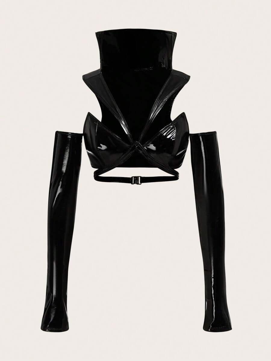 SHEIN ICON Cắt ra chất liệu da PU Top Cây trồng Có tay áo - màu đen - Xem 1