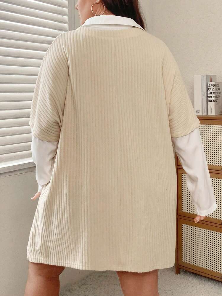 Plus Ribbed Knit Batwing Sleeve 2 in 1 Tee Without Belt