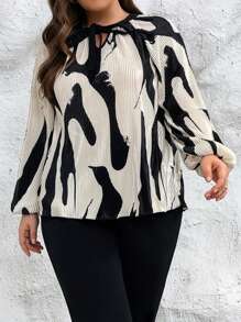 SHEIN Privé Plus Graphic Print Tie Neck Lantern Sleeve Blouse - Black and White - View 3