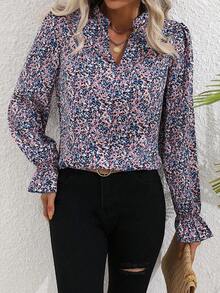 SHEIN LUNE In hoa Ditsy Tay áo loe Áo sơ mi - Hồng - Xem 5