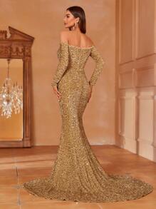 Off Shoulder Mermaid Hem Sequin Formal Dress - Champagne - View 2