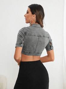 SHEIN Essnce Flap Detail Crop Denim Shirt - Light Grey - View 3