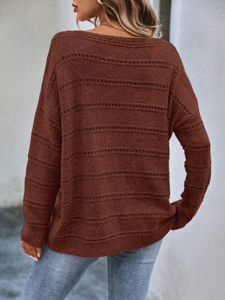 Drop Shoulder Pointelle Knit Pullover Fall Winter Sweater