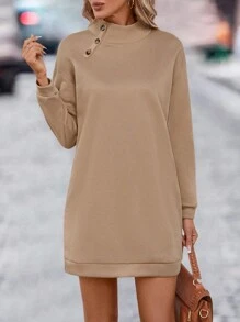 SHEIN LUNE Mock Neck Button Detail Drop Shoulder Sweatshirt Dress Pullover Fall Outfit - Khaki - View 5