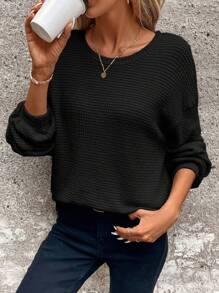 SHEIN Clasi 素色落肩袖運動衫 - 黑色 - 查看 3