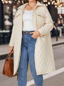 SHEIN LUNE Plus Flap Pocket Drop Shoulder Quilted Coat - Apricot - View 3