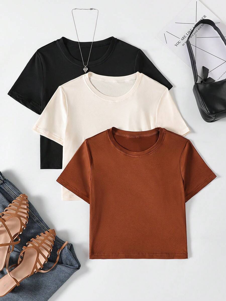 SHEIN 3pcs/Set Teen Girl Casual Crop Short Sleeve Round Neck Fitted Knit T-Shirts - Multicolor - View 1
