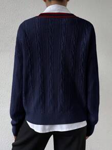 Chiquease Striped Trim Drop Shoulder Cable Knit Sweater Without Blouse,Long Sleeve Tops Knit Pullover Fall Winter Sweater - Royal Blue - View 2