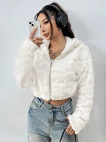 SHEIN Unity Thả vai Dây kéo áo có mũ Mùa vụ Áo Teddy Jackets - trắng - Xem 5