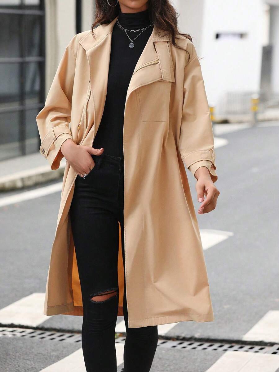 SHEIN LUNE 大翻領落肩袖風衣外套 - 黃色 - 查看 1