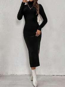 SHEIN Frenchy Áo cao cổ Tách đùi Đầm - màu đen - Xem 3