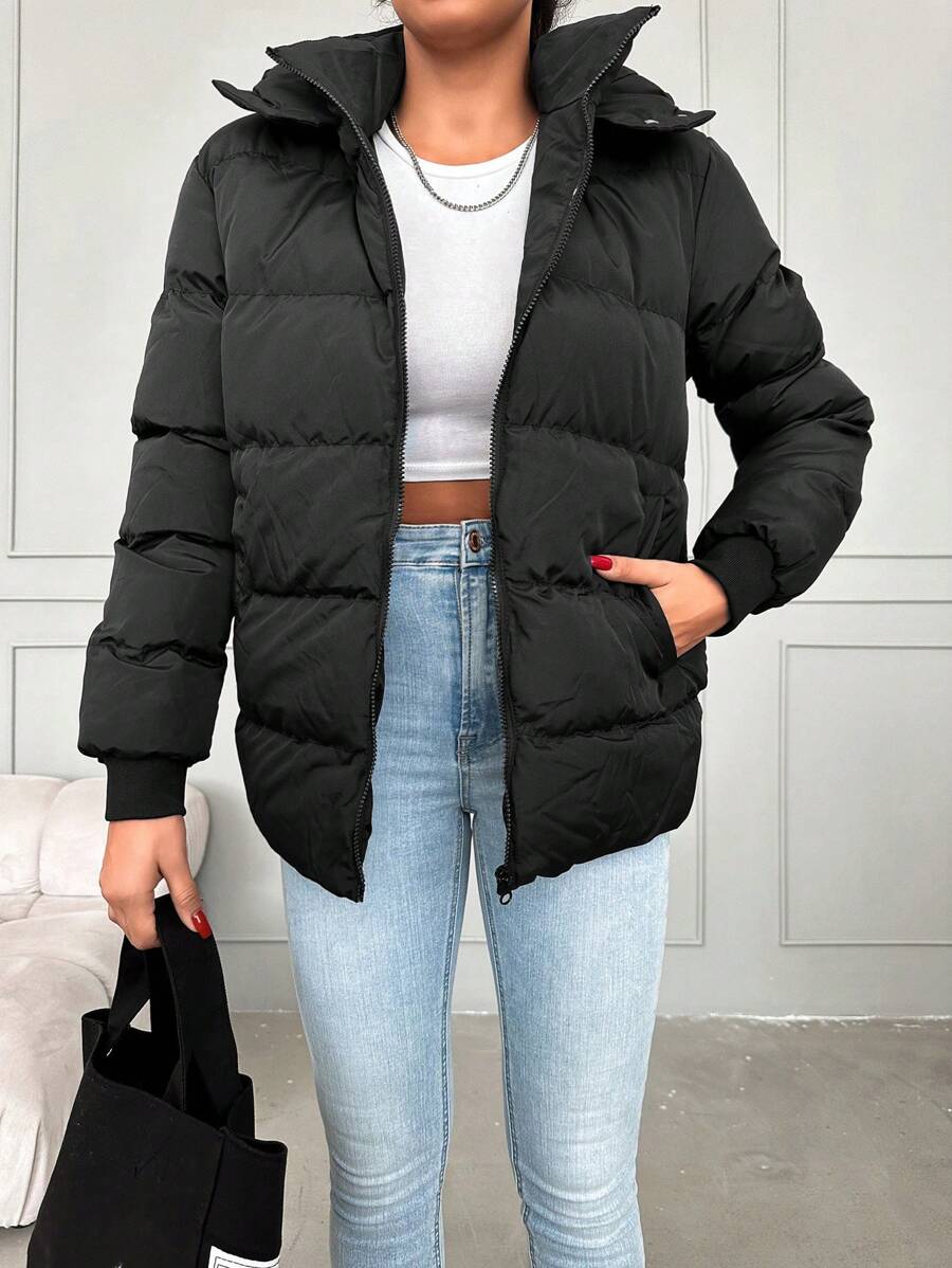 EURMUSE Slant Pockets Hooded Puffer Coat - Black - View 1